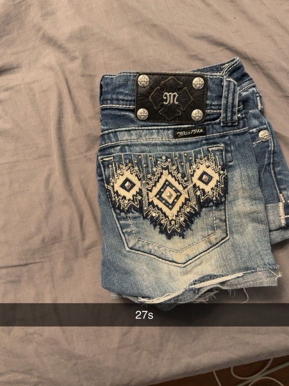 Miss Me Blue Denim Cutoff Shorts with Cream Embroidery